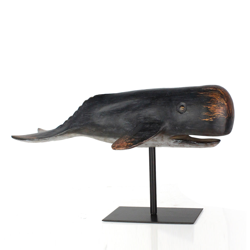 ESCULTURA DE BALLENA NEGRA CON BASE DE FIERRO<BR> 50 X 20 X 25 CMS