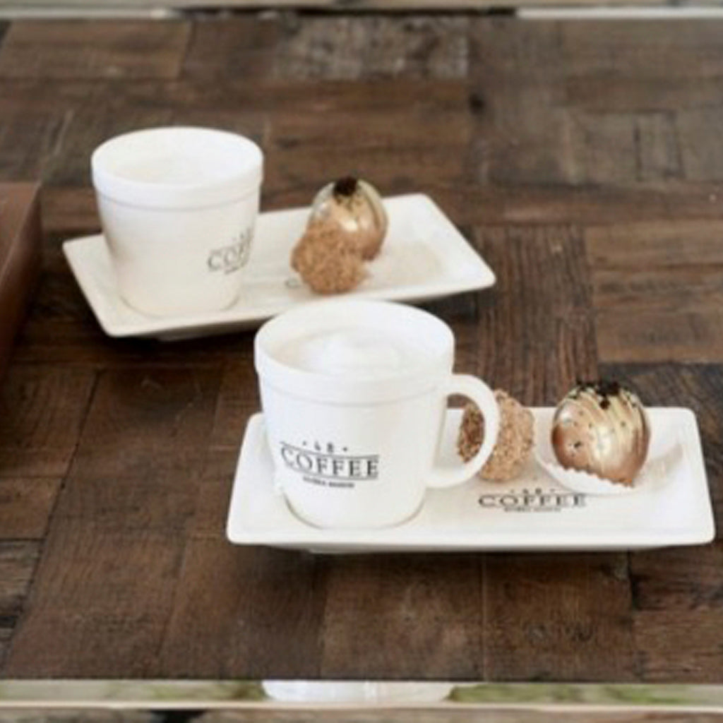 SET DE TAZA CAFÉ CON PLATO, CERÁMICA BLANCA<BR> 13 X 20 X 9 CMS